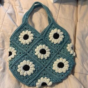 Handmade Teal Crochet Daisy Tote Bag - Women Bags